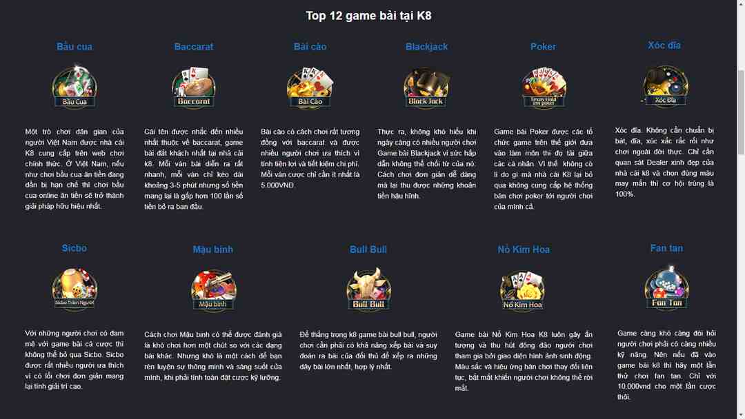 Top 12 game bài tại K8 cực hot