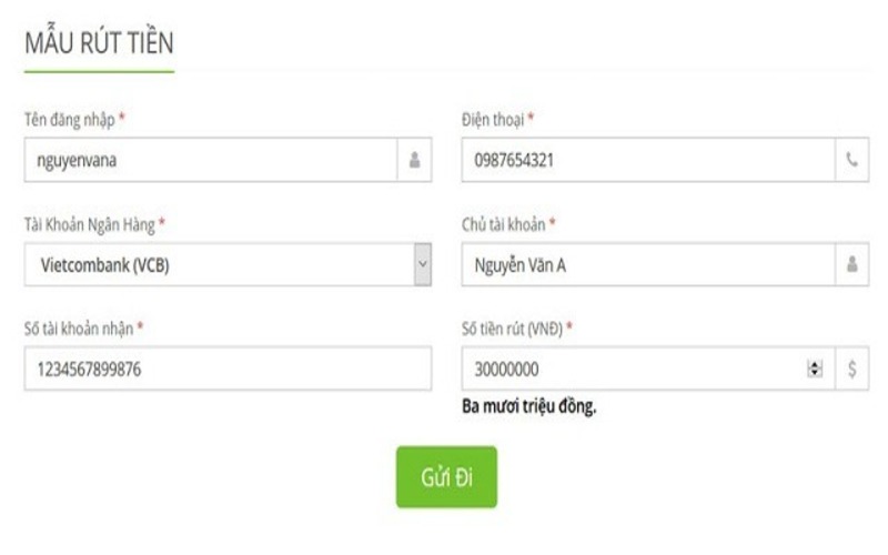 Biểu mẫu rút tiền tại nhà cái online SV388 khi bạn lựa chọn giao dịch qua ngân hàng